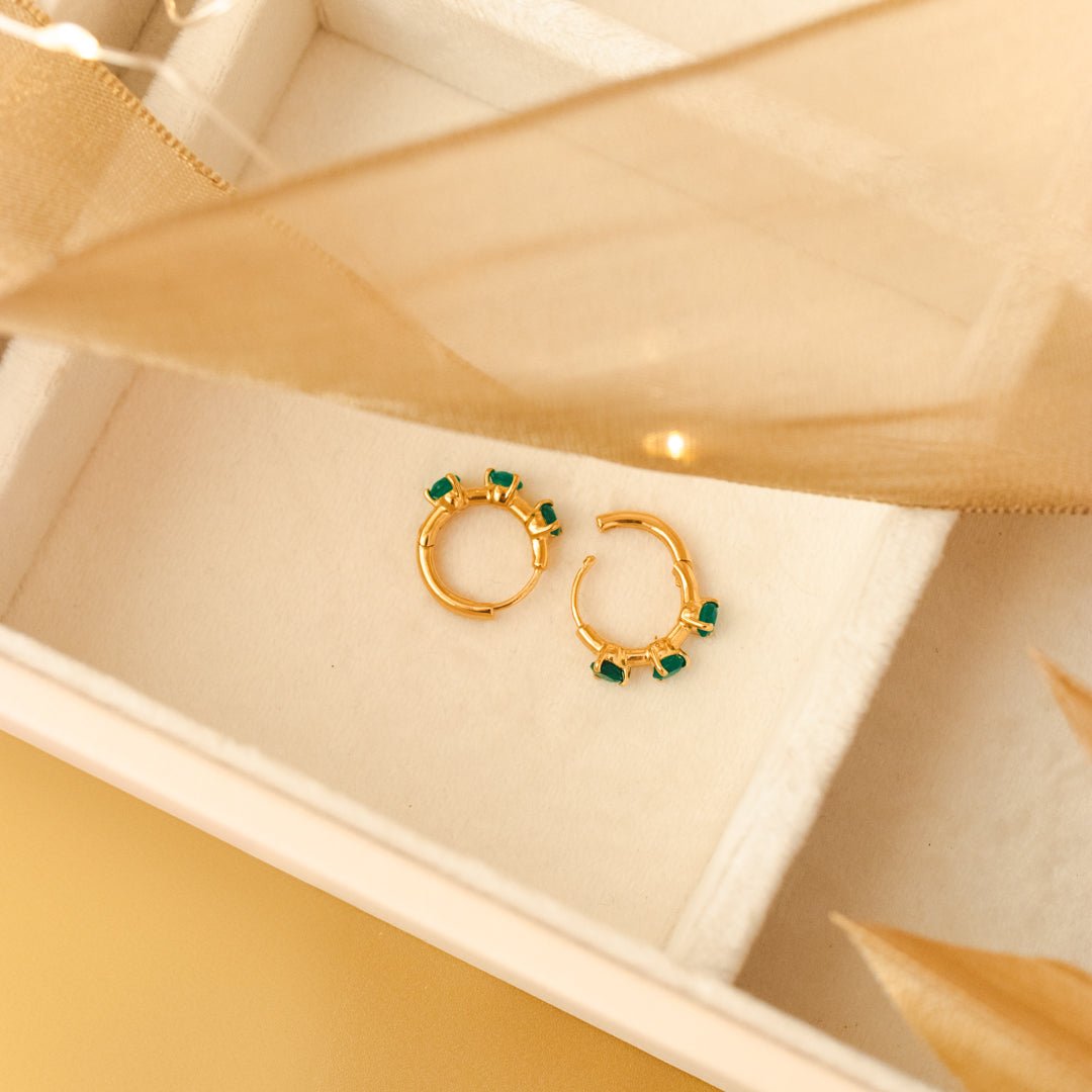 DAY 9 - SCATTERED LOVE HUGGIE HOOPS- EMERALD GREEN ONYX &amp; GOLD - SO PRETTY CARA COTTER