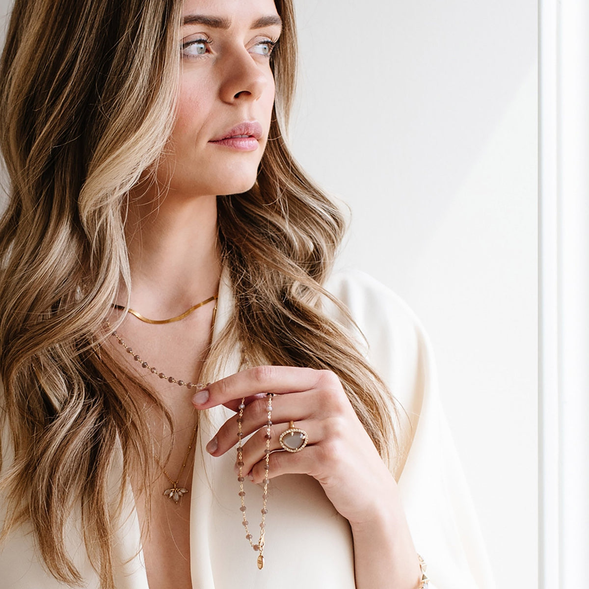 ICONIC LONG BEADED NECKLACE - CHAI MOONSTONE &amp; GOLD 34&quot;- LIMITED EDITION - SO PRETTY CARA COTTER