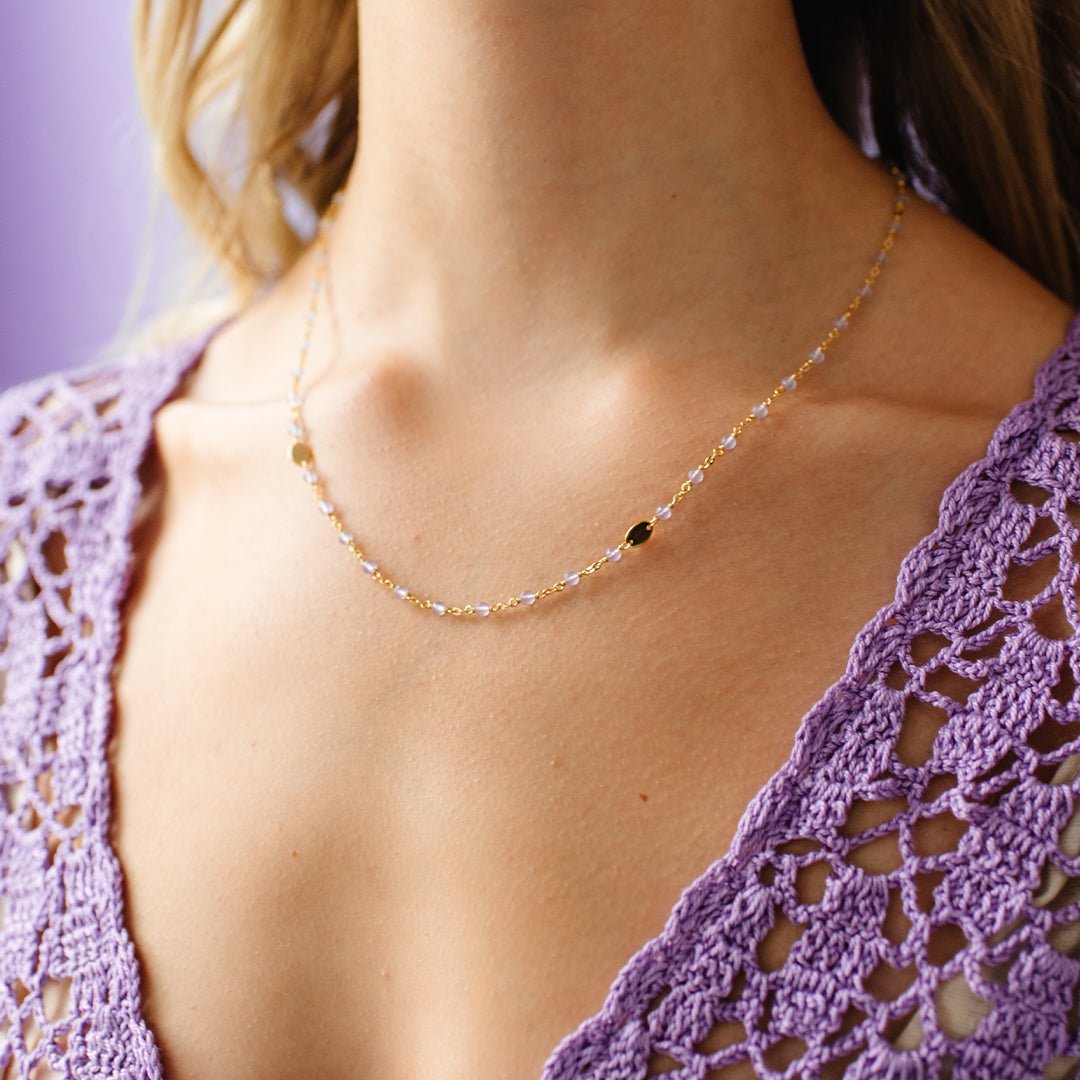 ICONIC SHORT BEADED NECKLACE - LAVENDER CHALCEDONY &amp; GOLD 16-20&quot; - SO PRETTY CARA COTTER