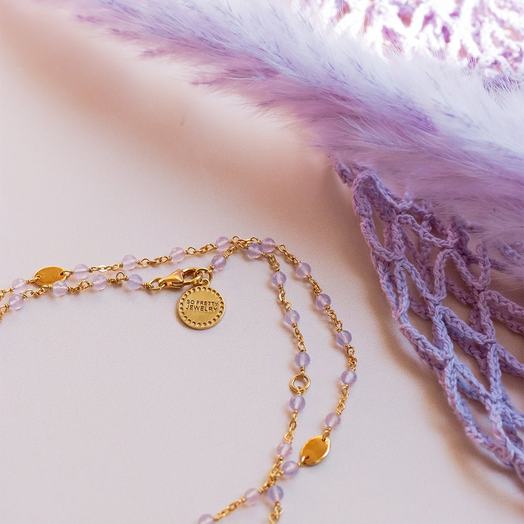 ICONIC SHORT BEADED NECKLACE - LAVENDER CHALCEDONY &amp; GOLD 16-20&quot; - SO PRETTY CARA COTTER