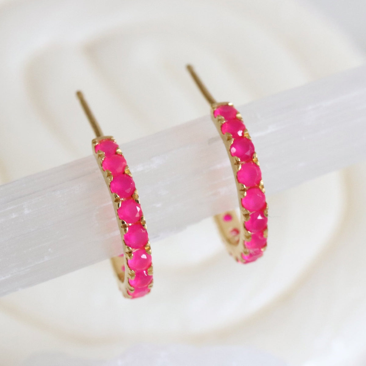LOVE HUGGIE HOOPS - HOT PINK CHALCEDONY &amp; GOLD - SO PRETTY CARA COTTER