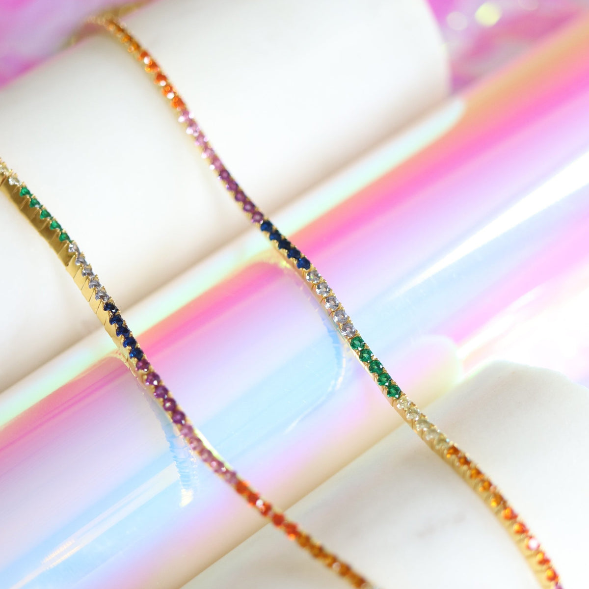LOVE TENNIS NECKLACE - RAINBOW CUBIC ZIRCONIA &amp; GOLD - SO PRETTY CARA COTTER