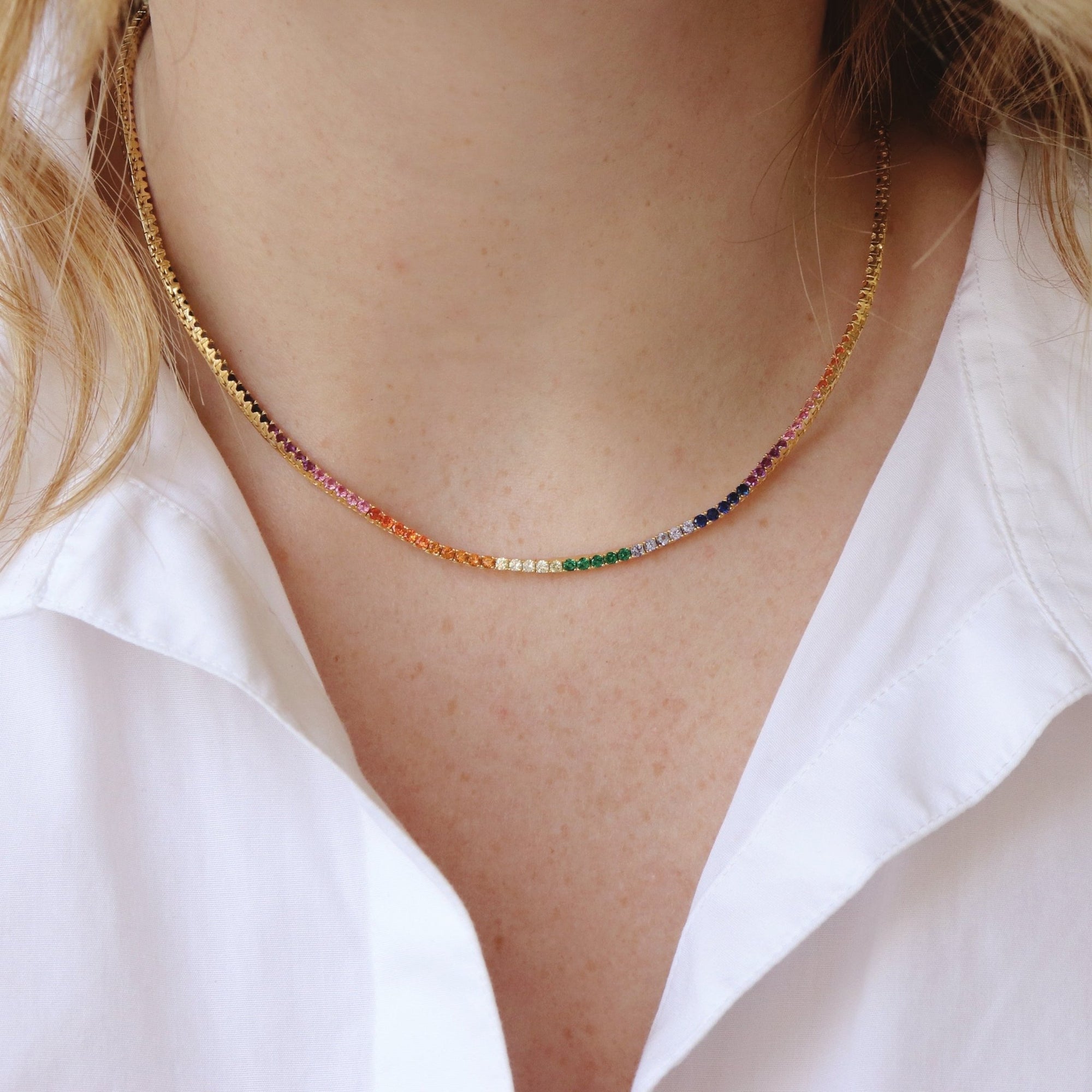 LOVE TENNIS NECKLACE - RAINBOW CUBIC ZIRCONIA & GOLD - SO PRETTY CARA COTTER