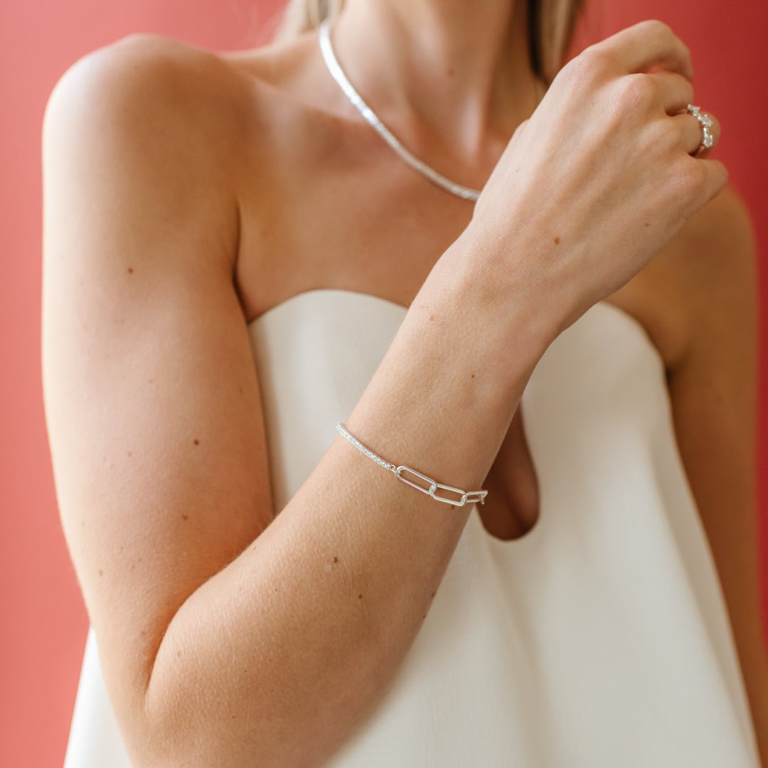 LOVE TENNIS OVAL LINK BRACELET - CUBIC ZIRCONIA &amp; SILVER - SO PRETTY CARA COTTER
