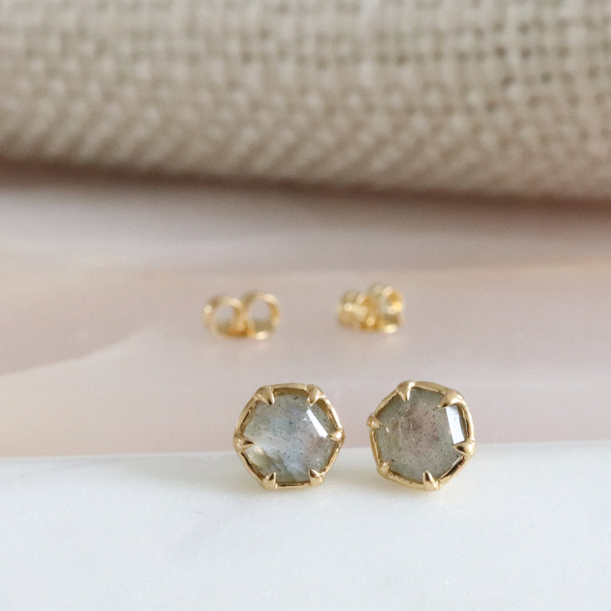 Mini Grace Hexagon Stud Earrings - Labradorite &amp; Gold - SO PRETTY CARA COTTER