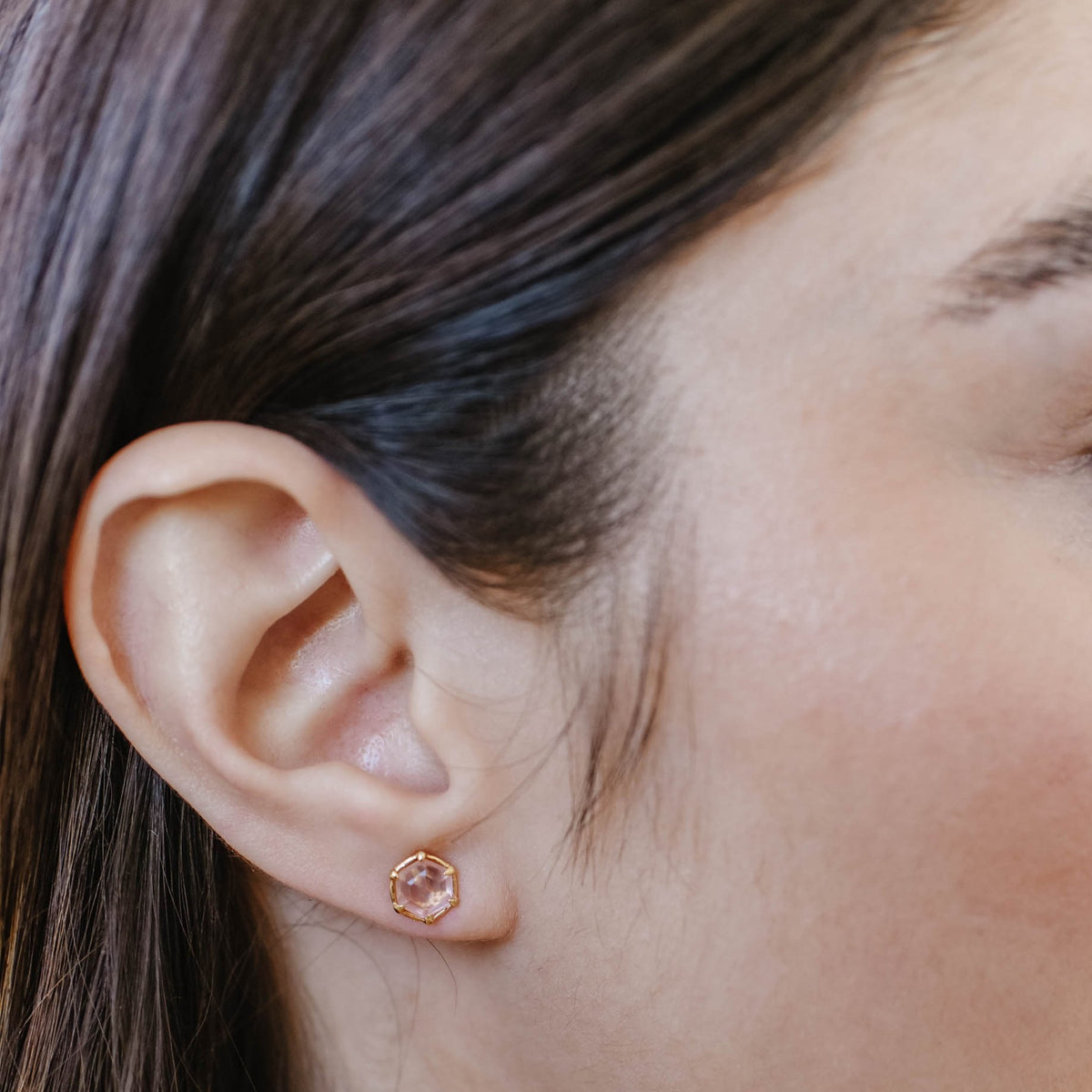 Mini Grace Hexagon Stud Earrings - Pink Quartz &amp; Gold - SO PRETTY CARA COTTER