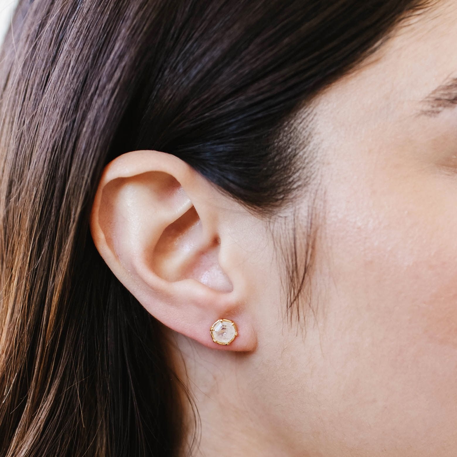 Mini Grace Hexagon Stud Earrings - Rainbow Moonstone & Gold - SO PRETTY CARA COTTER
