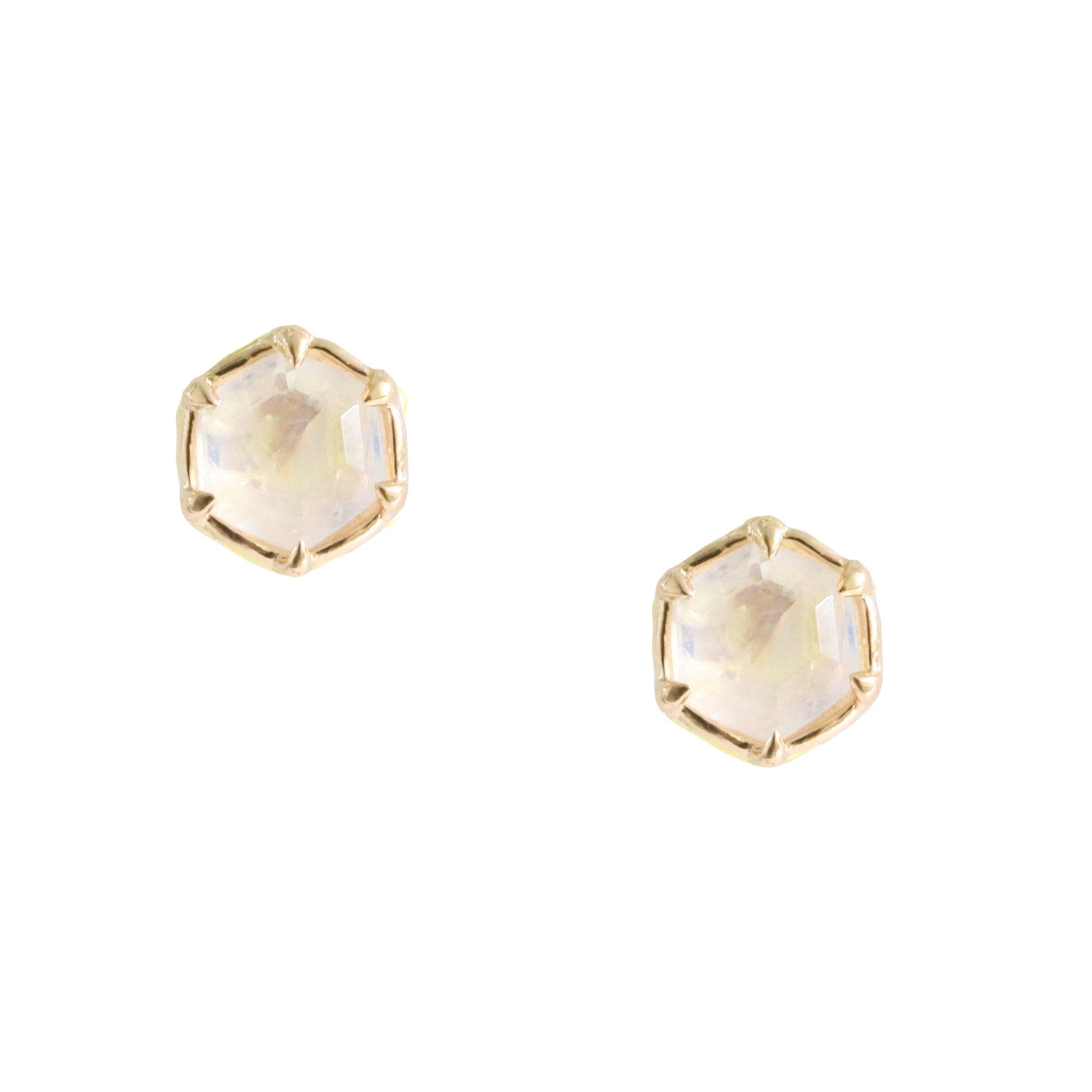 Mini Grace Hexagon Stud Earrings - Rainbow Moonstone & Gold - SO PRETTY CARA COTTER