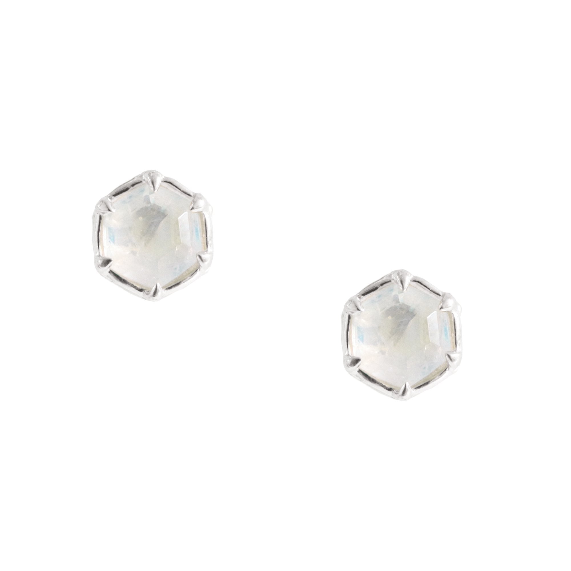 Mini Grace Hexagon Stud Earrings - Rainbow Moonstone & Silver - SO PRETTY CARA COTTER