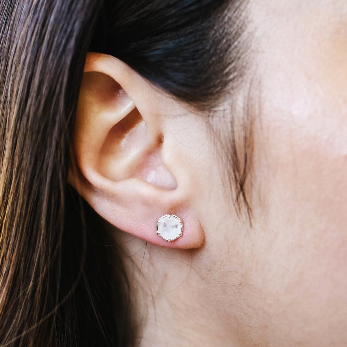 Mini Grace Hexagon Stud Earrings - Rainbow Moonstone &amp; Silver - SO PRETTY CARA COTTER