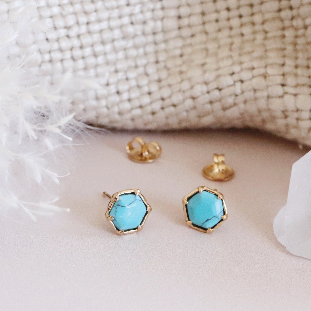 Mini Grace Hexagon Stud Earrings - Turquoise &amp; Gold - SO PRETTY CARA COTTER
