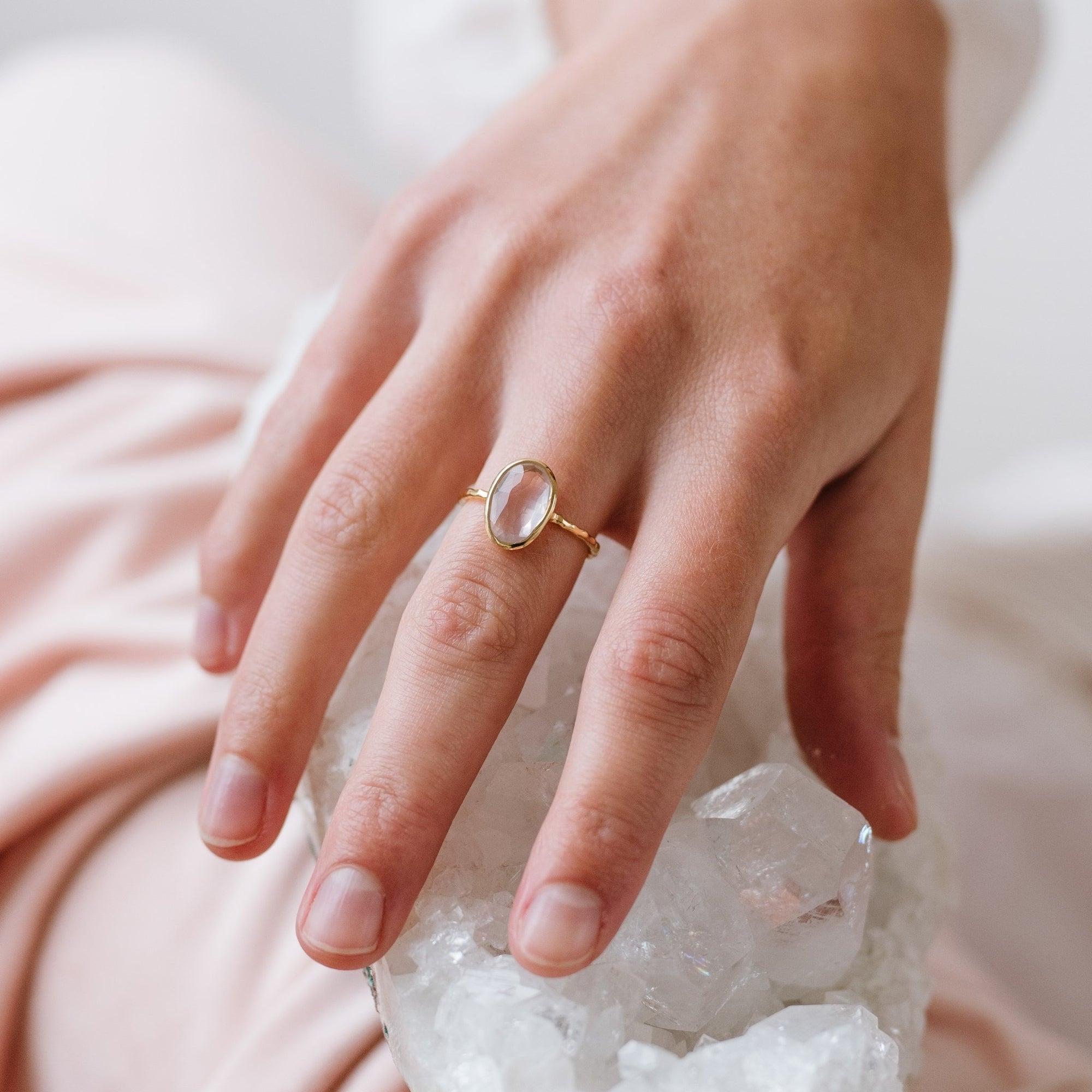 PROTECT OVAL RING - PINK QUARTZ & GOLD - SO PRETTY CARA COTTER