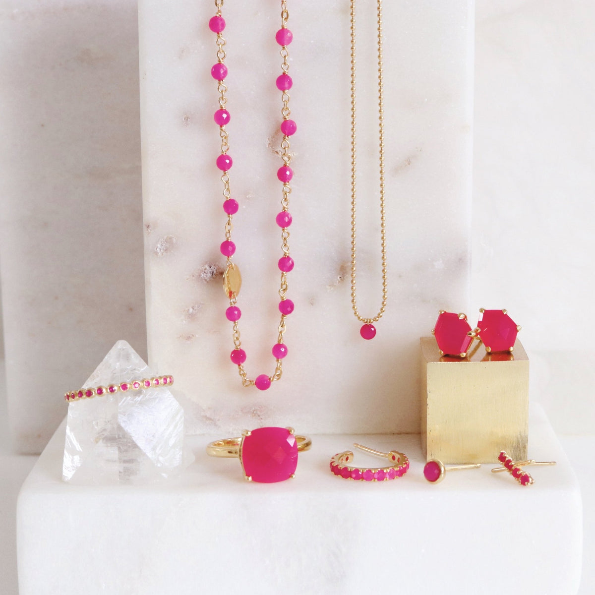 TINY DREAM STARDUST STUDS - HOT PINK CHALCEDONY &amp; GOLD - SO PRETTY CARA COTTER