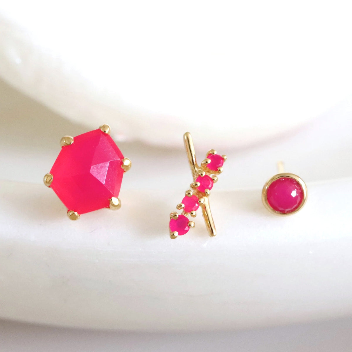 TINY PROTECT STUD EARRINGS - HOT PINK CHALCEDONY &amp; GOLD - SO PRETTY CARA COTTER