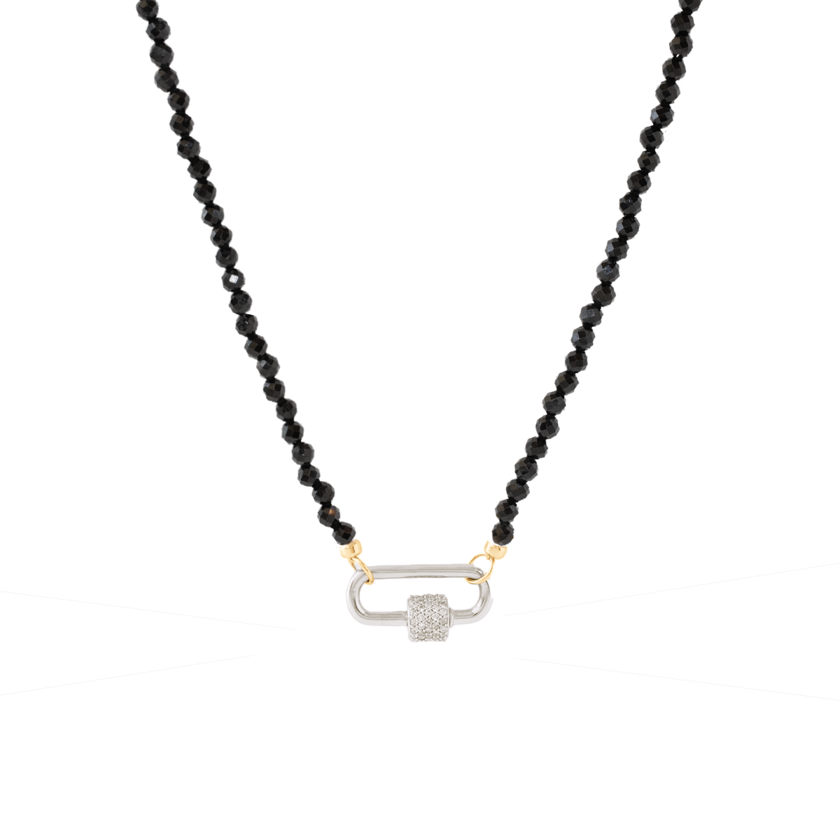 ICONIC BEADED OPEN ENDED NECKLACE - BLACK ONYX  &amp; GOLD  WITH CRYSTAL CARABINER CONNECTOR - SILVER