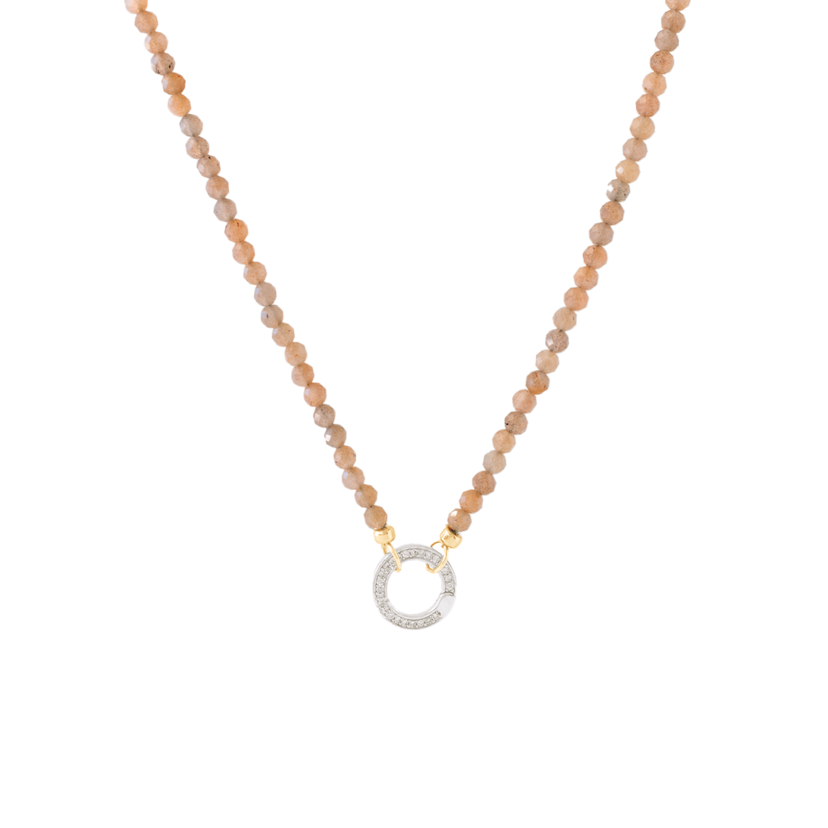 ICONIC BEADED OPEN ENDED NECKLACE - CHAI MOONSTONE &amp; GOLD  WITH CRYSTAL CARABINER CONNECTOR - SILVER