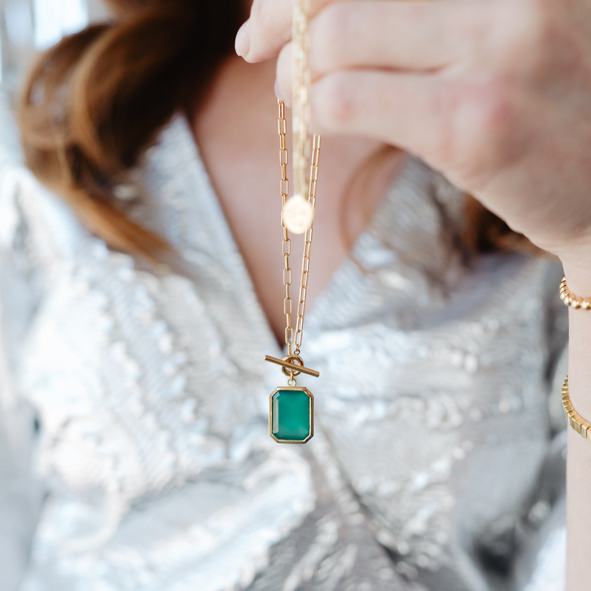 DAY 3: LOVE VINTAGE SOLITAIRE TOGGLE NECKLACE - GREEN ONYX &amp; GOLD