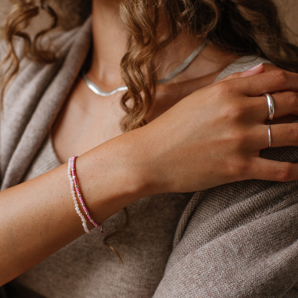 Iconic Beaded Stretch Bracelet - Pink Opal