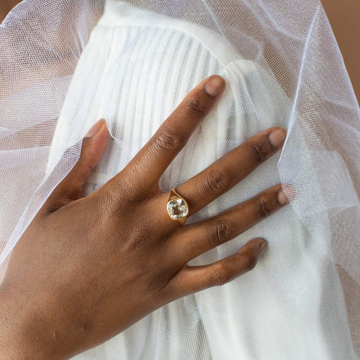 Love Cushion Cut Signet Ring - White Topaz