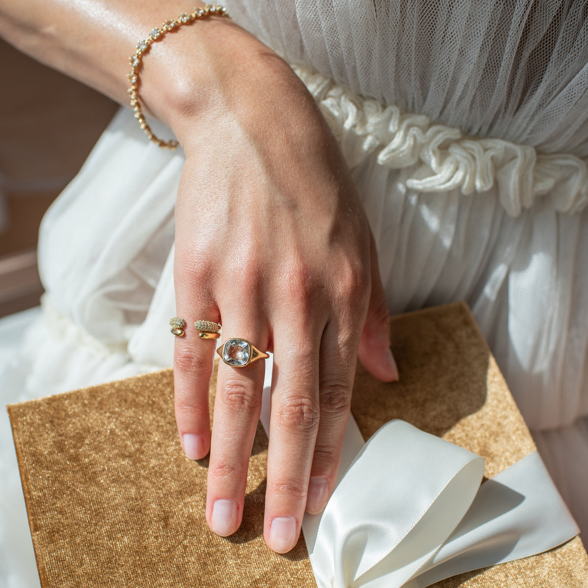 Love Cushion Cut Signet Ring - White Topaz