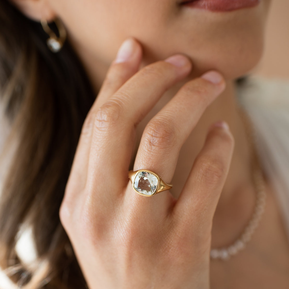 Love Cushion Cut Signet Ring - White Topaz