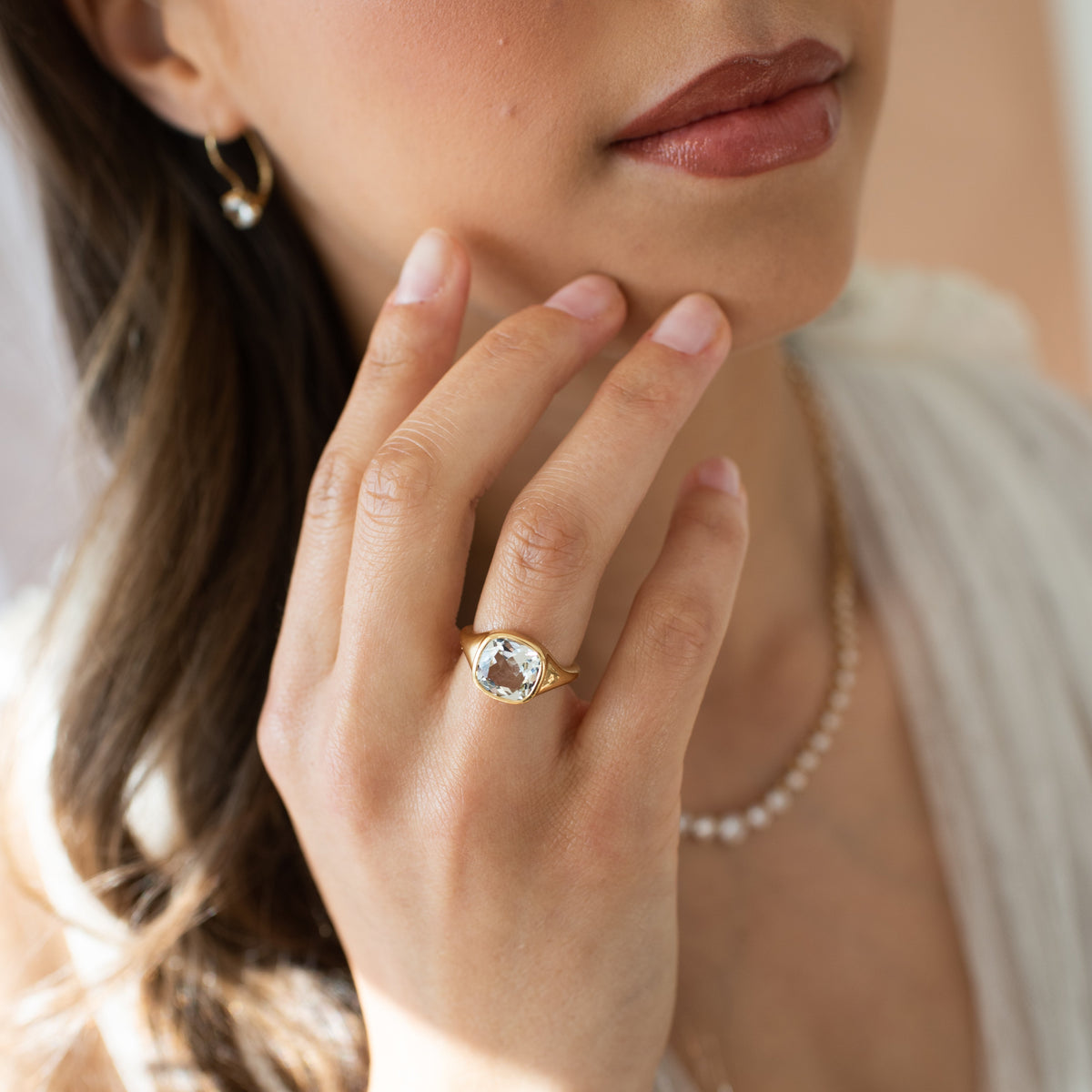 Love Cushion Cut Signet Ring - White Topaz