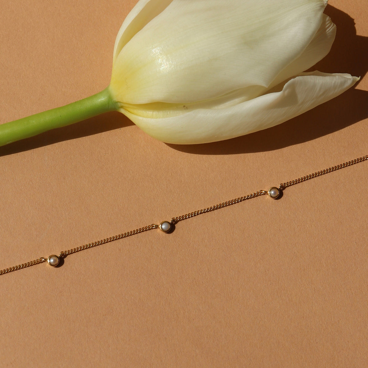 Necklace with pearl-like beads on a beige background with a white tulip.