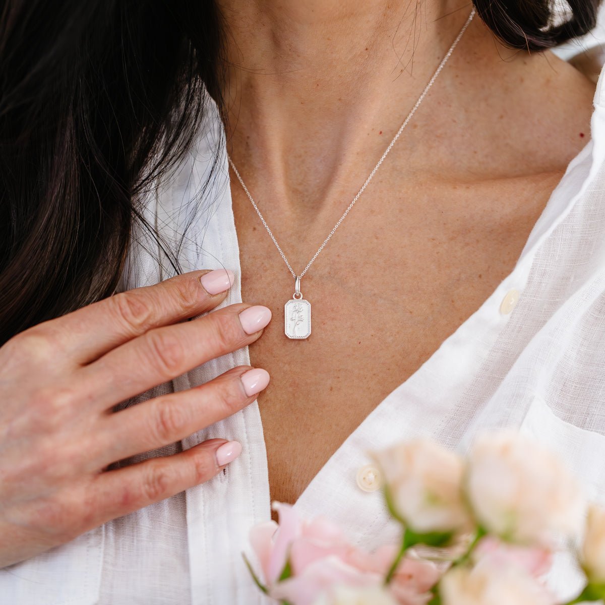 FRAICHE INSPIRE JUNE BIRTH FLOWER NECKLACE - ROSE - SILVER - SO PRETTY CARA COTTER