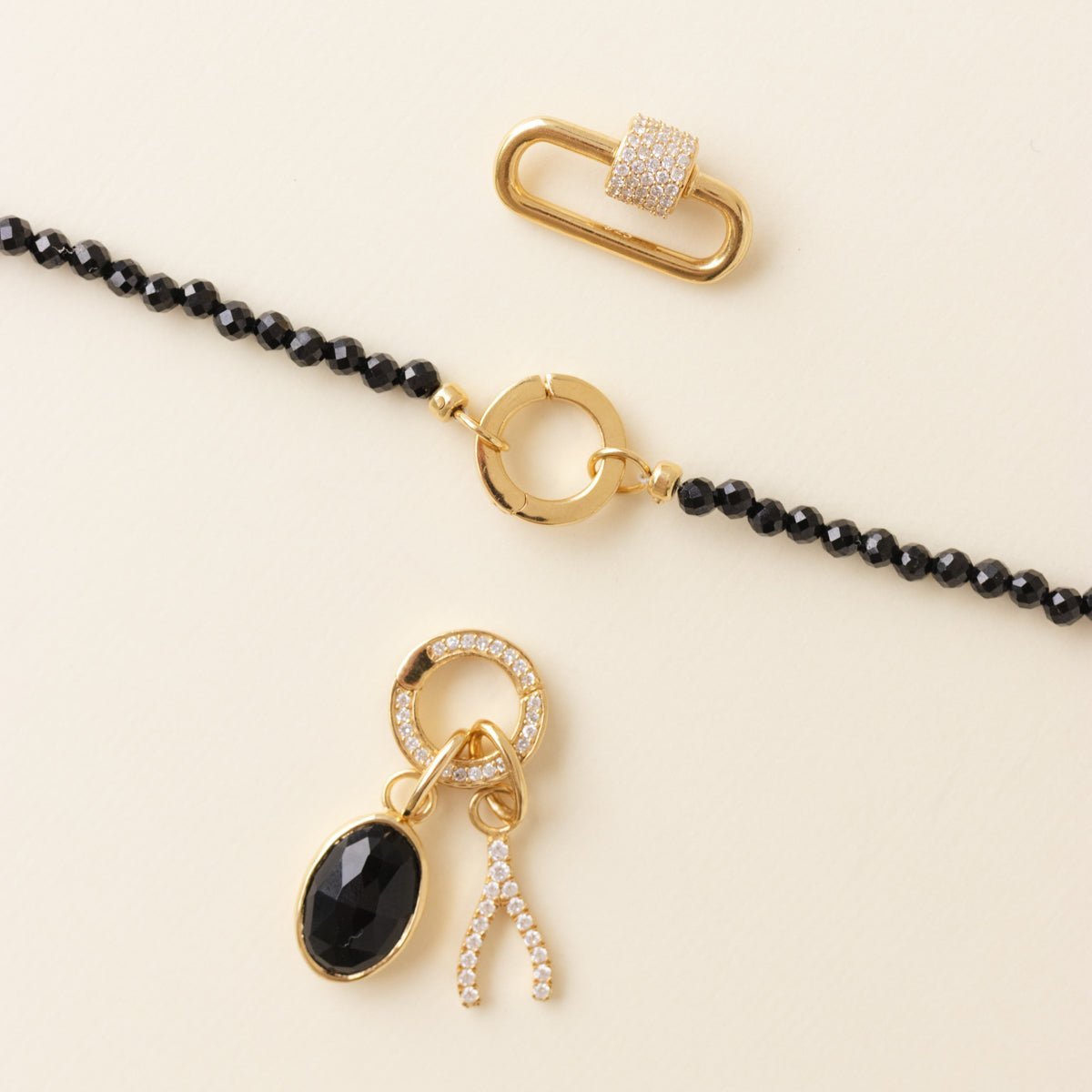 ICONIC BEADED OPEN ENDED NECKLACE - BLACK ONYX &amp; GOLD - CHOOSE CONNECTOR - SO PRETTY CARA COTTER