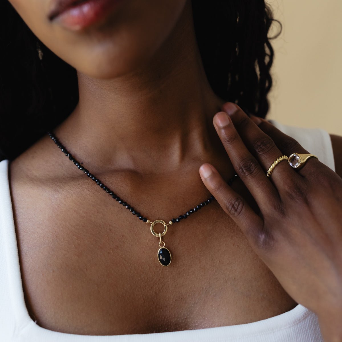 ICONIC BEADED OPEN ENDED NECKLACE - BLACK ONYX &amp; GOLD - CHOOSE CONNECTOR - SO PRETTY CARA COTTER