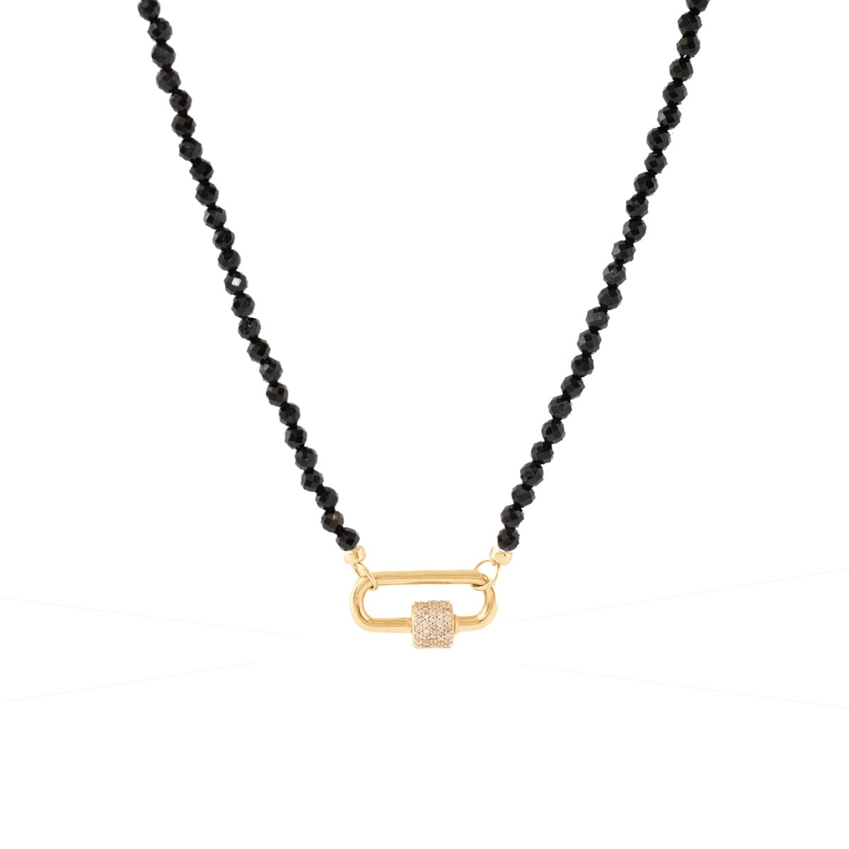 ICONIC BEADED OPEN ENDED NECKLACE - BLACK ONYX &amp; GOLD WITH CRYSTAL CARABINER CONNECTOR - GOLD - SO PRETTY CARA COTTER