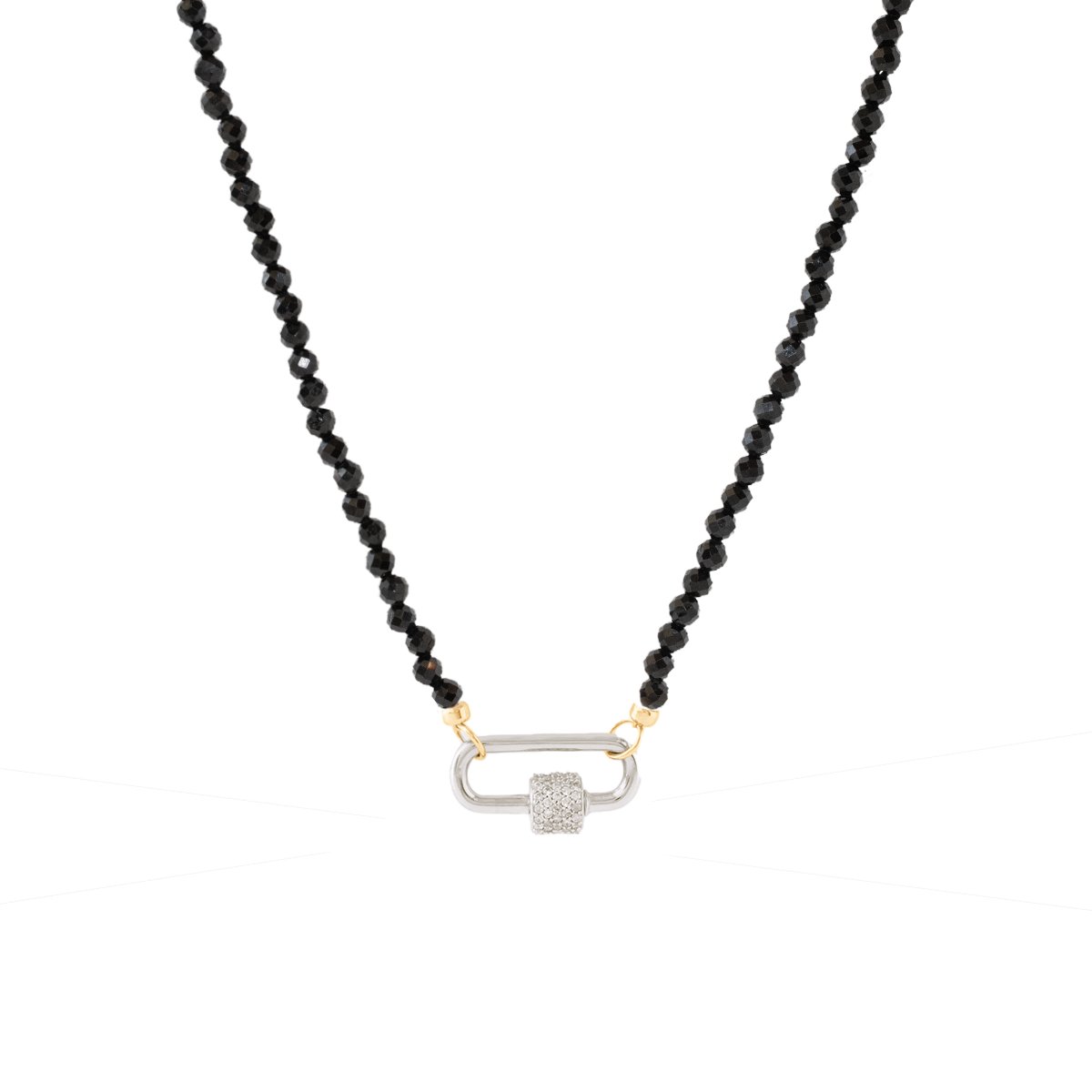 ICONIC BEADED OPEN ENDED NECKLACE - BLACK ONYX &amp; GOLD WITH CRYSTAL CARABINER CONNECTOR - SILVER - SO PRETTY CARA COTTER