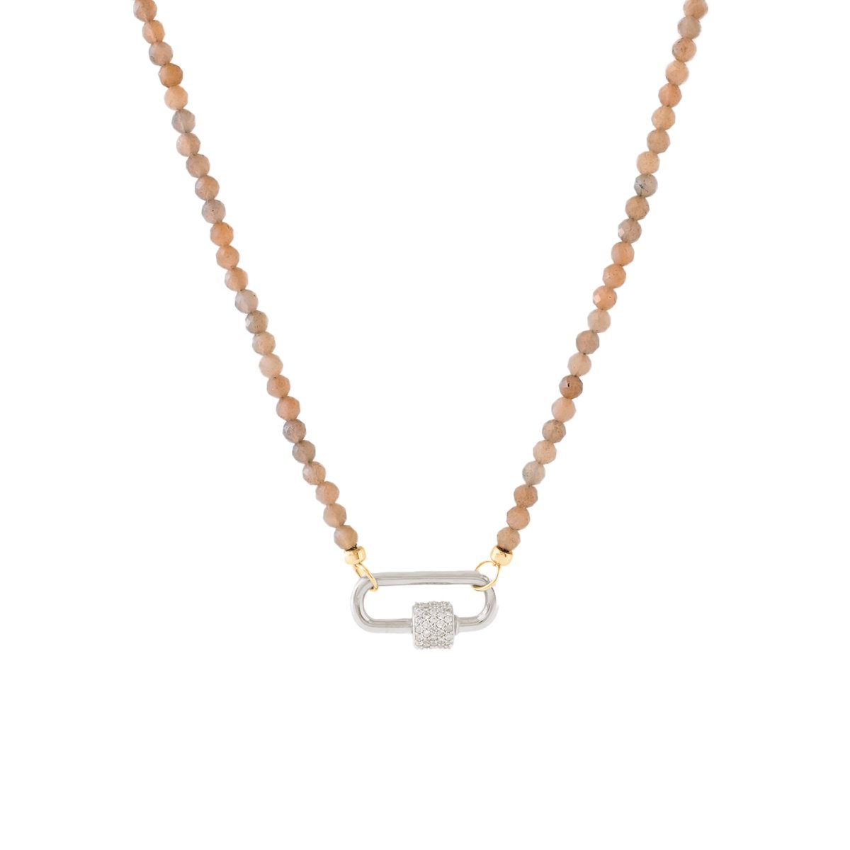 ICONIC BEADED OPEN ENDED NECKLACE - BROWN CHAI MOONSTONE &amp; GOLD WITH CRYSTAL CARABINER CONNECTOR - SILVER - SO PRETTY CARA COTTER