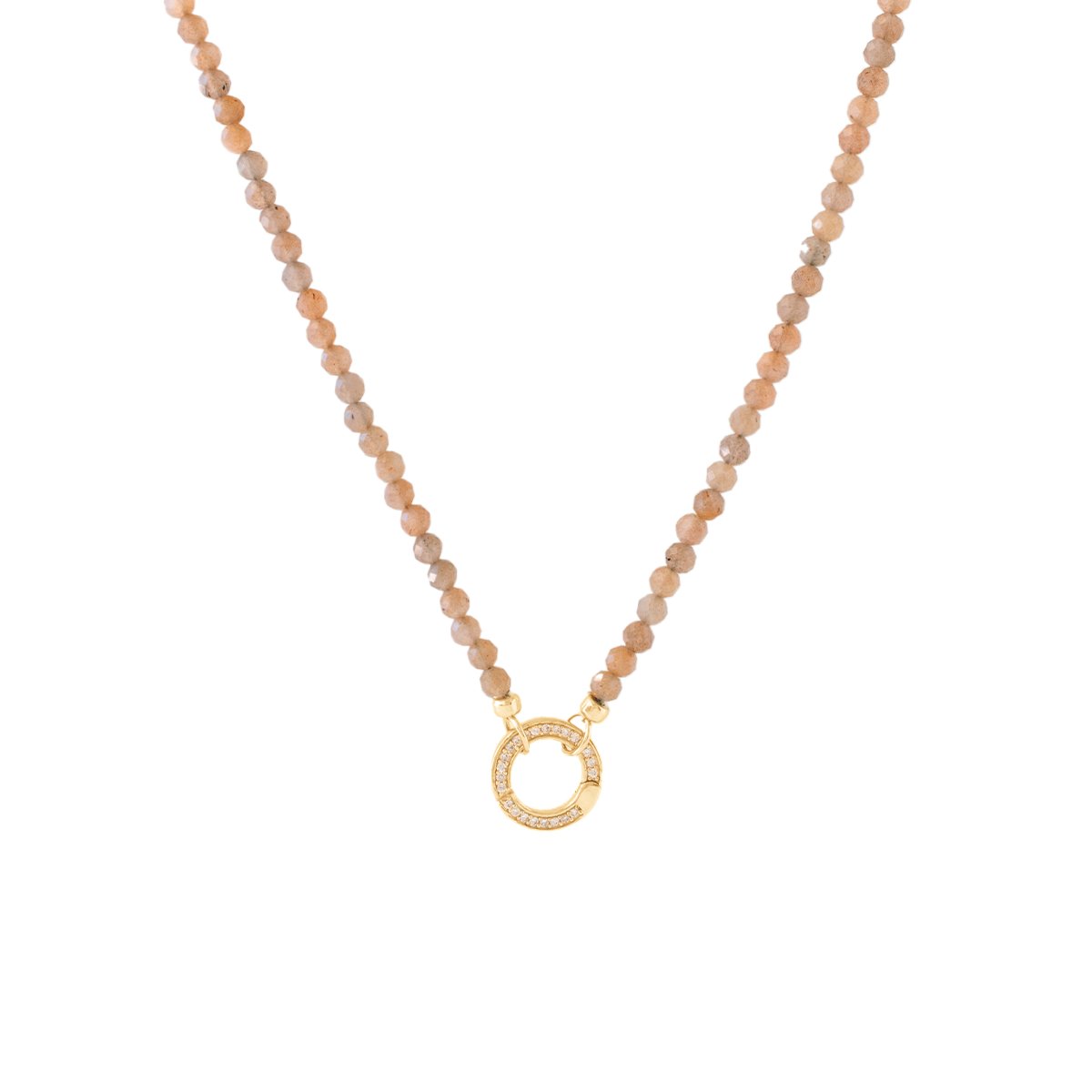 ICONIC BEADED OPEN ENDED NECKLACE - BROWN CHAI MOONSTONE &amp; GOLD WITH CRYSTAL ROUND CONNECTOR - GOLD - SO PRETTY CARA COTTER