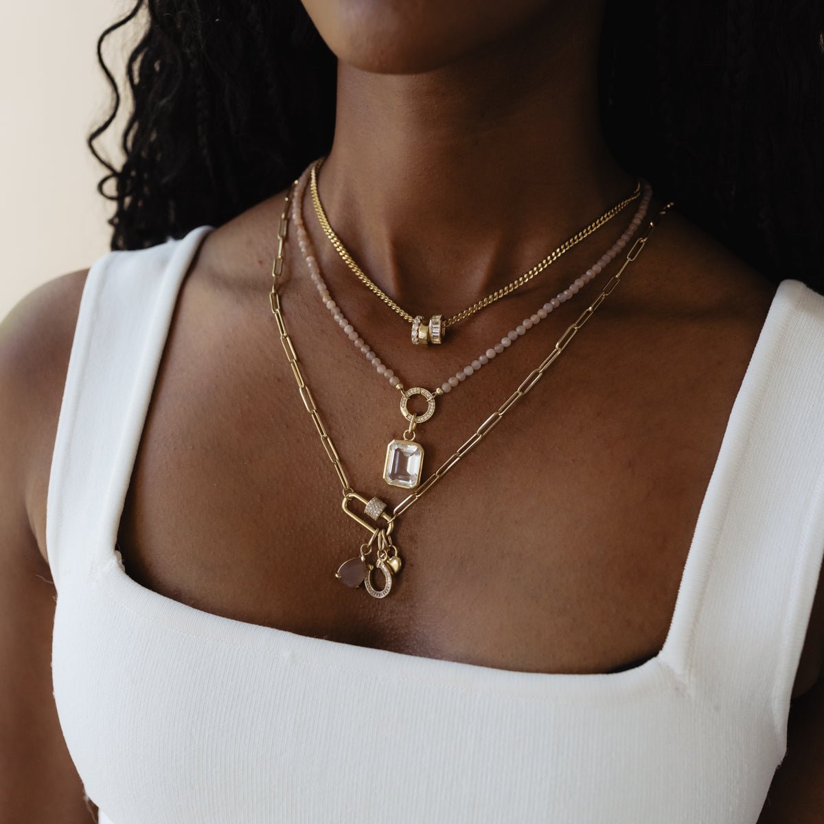 ICONIC BEADED OPEN ENDED NECKLACE - CHAI MOONSTONE &amp; GOLD - CHOOSE CONNECTOR - SO PRETTY CARA COTTER