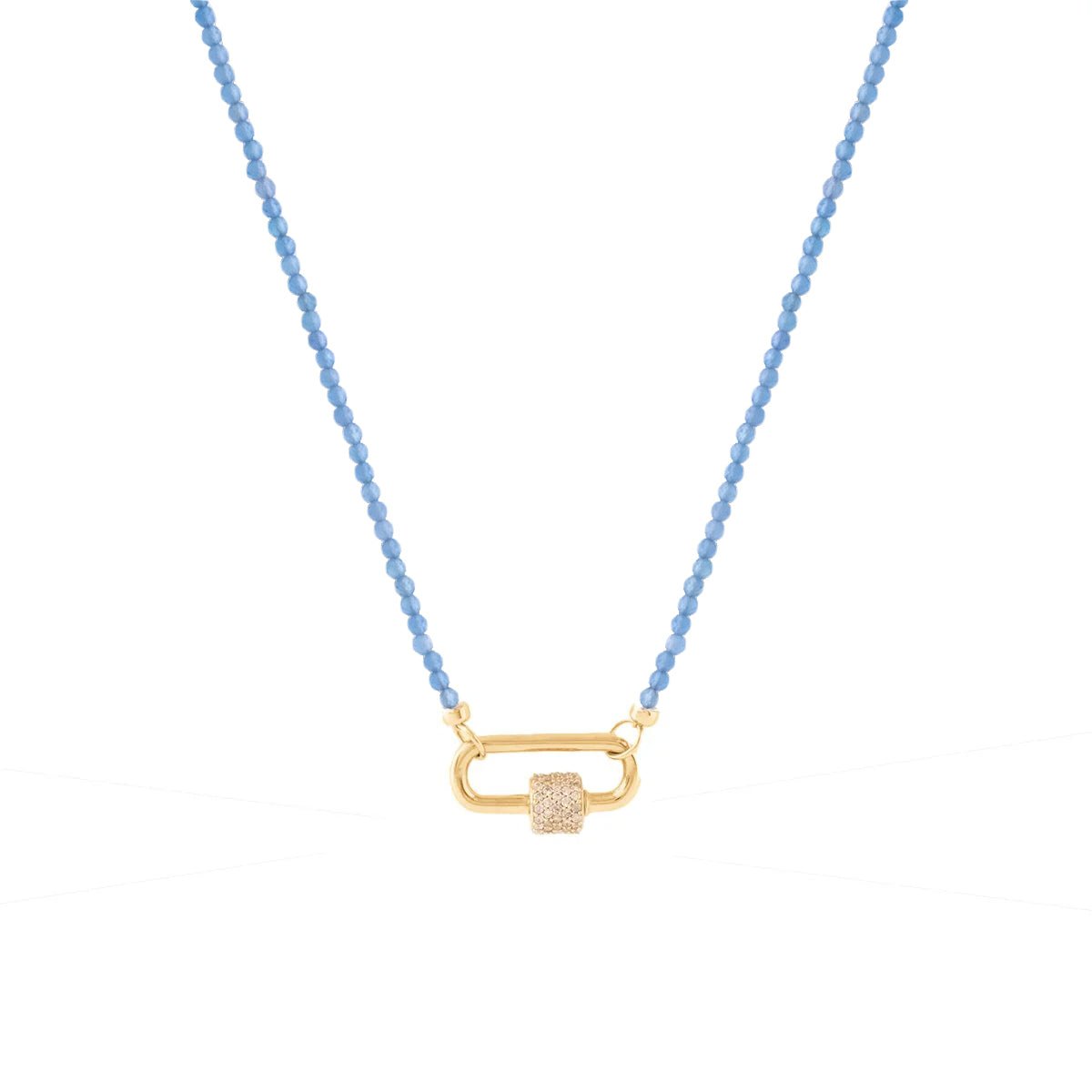 ICONIC BEADED OPEN ENDED NECKLACE - DENIM BLUE ONYX & GOLD WITH CRYSTAL CARABINER CONNECTOR - GOLD - SO PRETTY CARA COTTER
