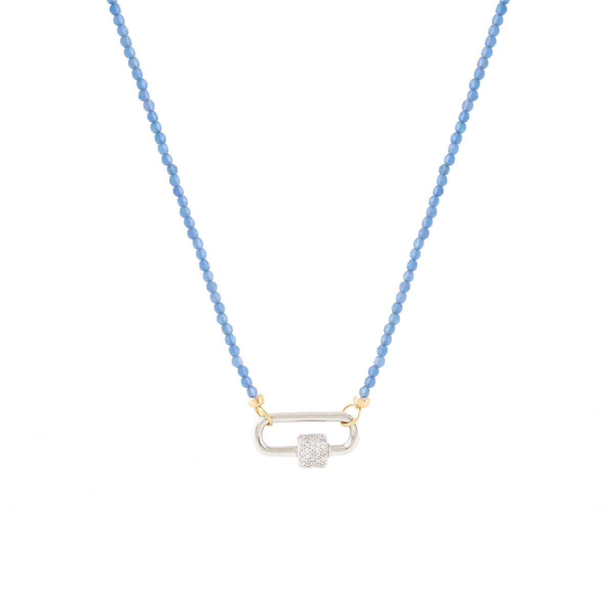 ICONIC BEADED OPEN ENDED NECKLACE - DENIM BLUE ONYX & GOLD WITH CRYSTAL CARABINER CONNECTOR - SILVER - SO PRETTY CARA COTTER
