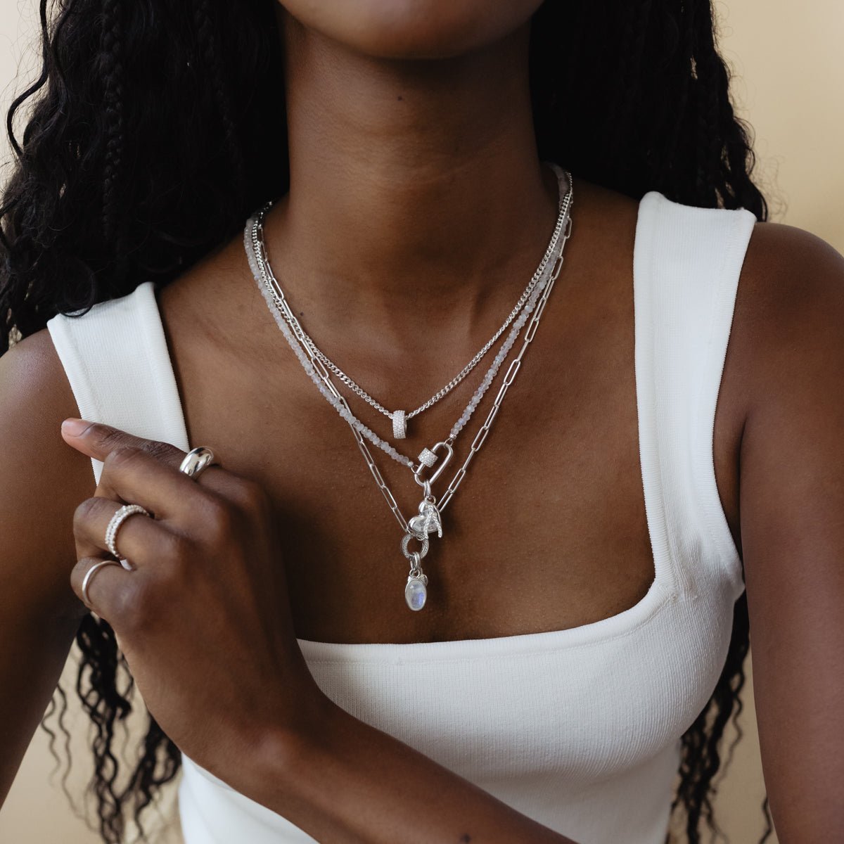 ICONIC BEADED OPEN ENDED NECKLACE - RAINBOW MOONSTONE &amp; SILVER - CHOOSE CONNECTOR - SO PRETTY CARA COTTER