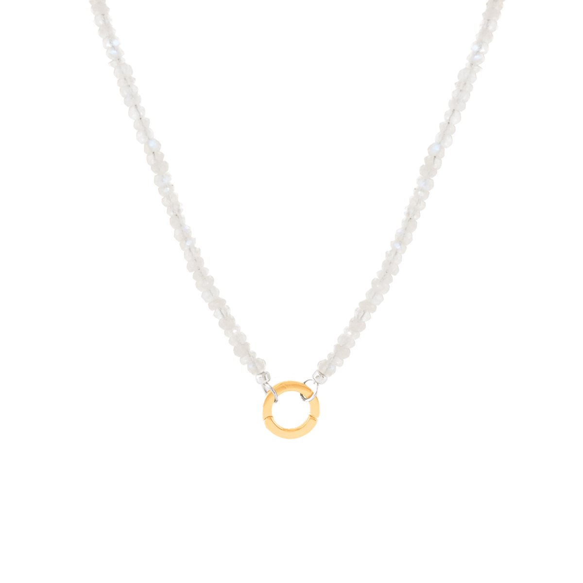 ICONIC BEADED OPEN ENDED NECKLACE - RAINBOW MOONSTONE &amp; SILVER WITH ROUND CONNECTOR - GOLD - SO PRETTY CARA COTTER