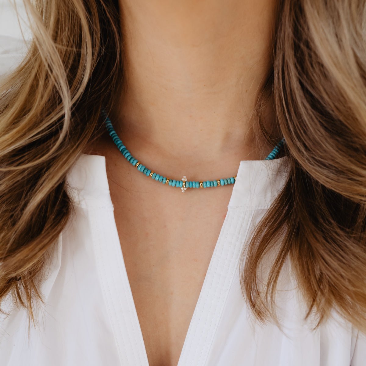 JOY BEADED CHARM NECKLACE - TURQUOISE &amp; GOLD - SO PRETTY CARA COTTER