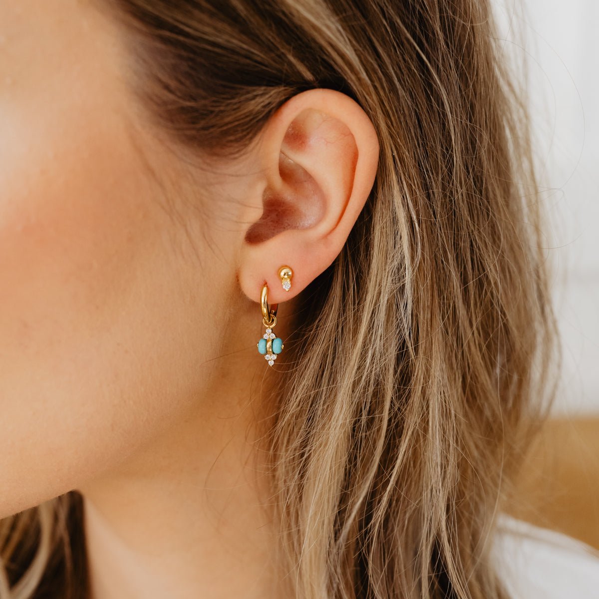 JOY CHARM HUGGIE HOOPS - TURQUOISE & GOLD - SO PRETTY CARA COTTER