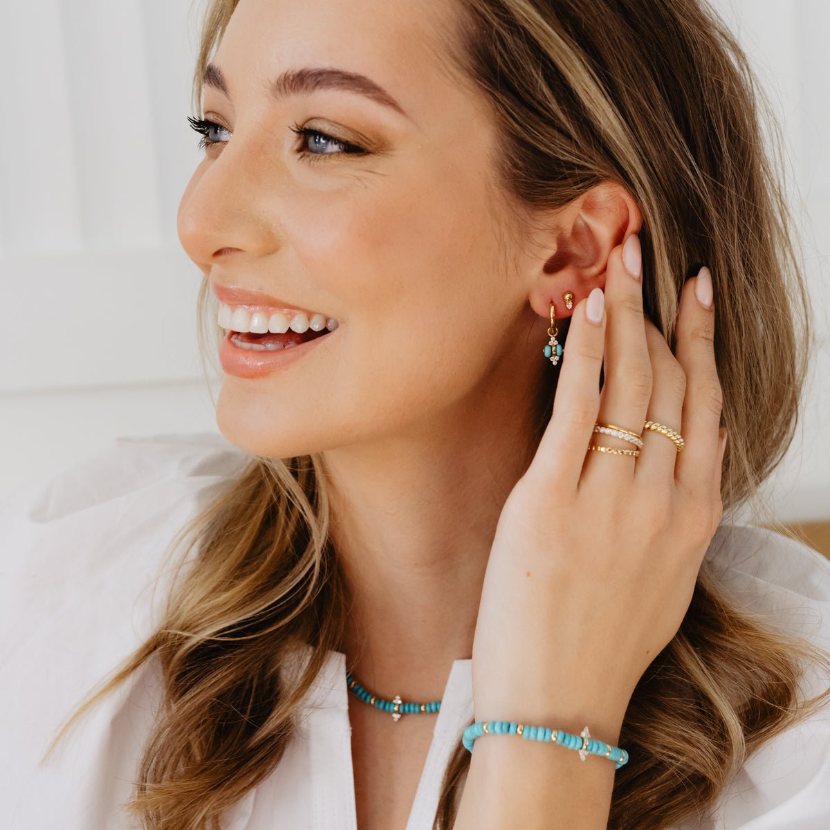 JOY CHARM HUGGIE HOOPS - TURQUOISE &amp; GOLD - SO PRETTY CARA COTTER