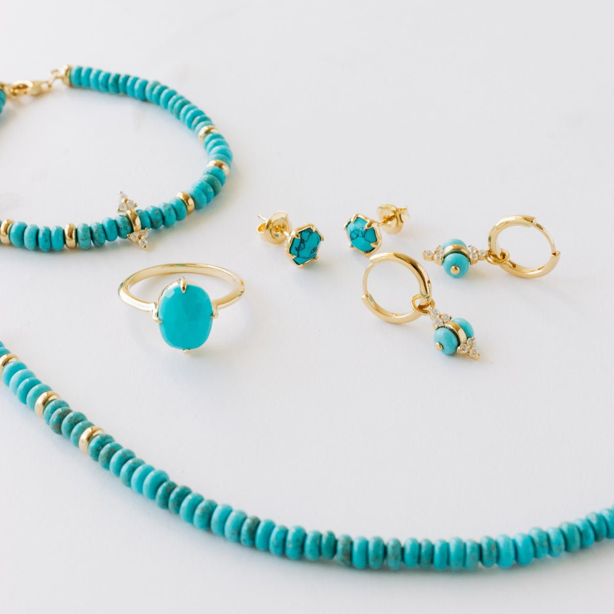 JOY CHARM HUGGIE HOOPS - TURQUOISE &amp; GOLD - SO PRETTY CARA COTTER