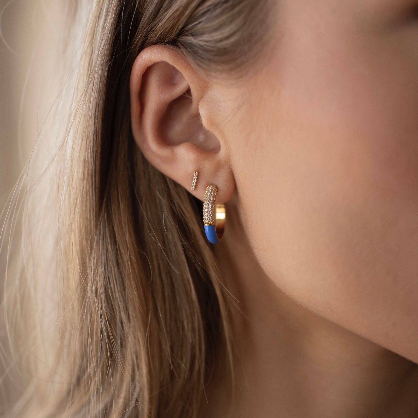 LOVE PAVÉ ENAMEL HOOPS - BLUE ENAMEL & CUBIC ZIRCONIA & GOLD - SO PRETTY CARA COTTER