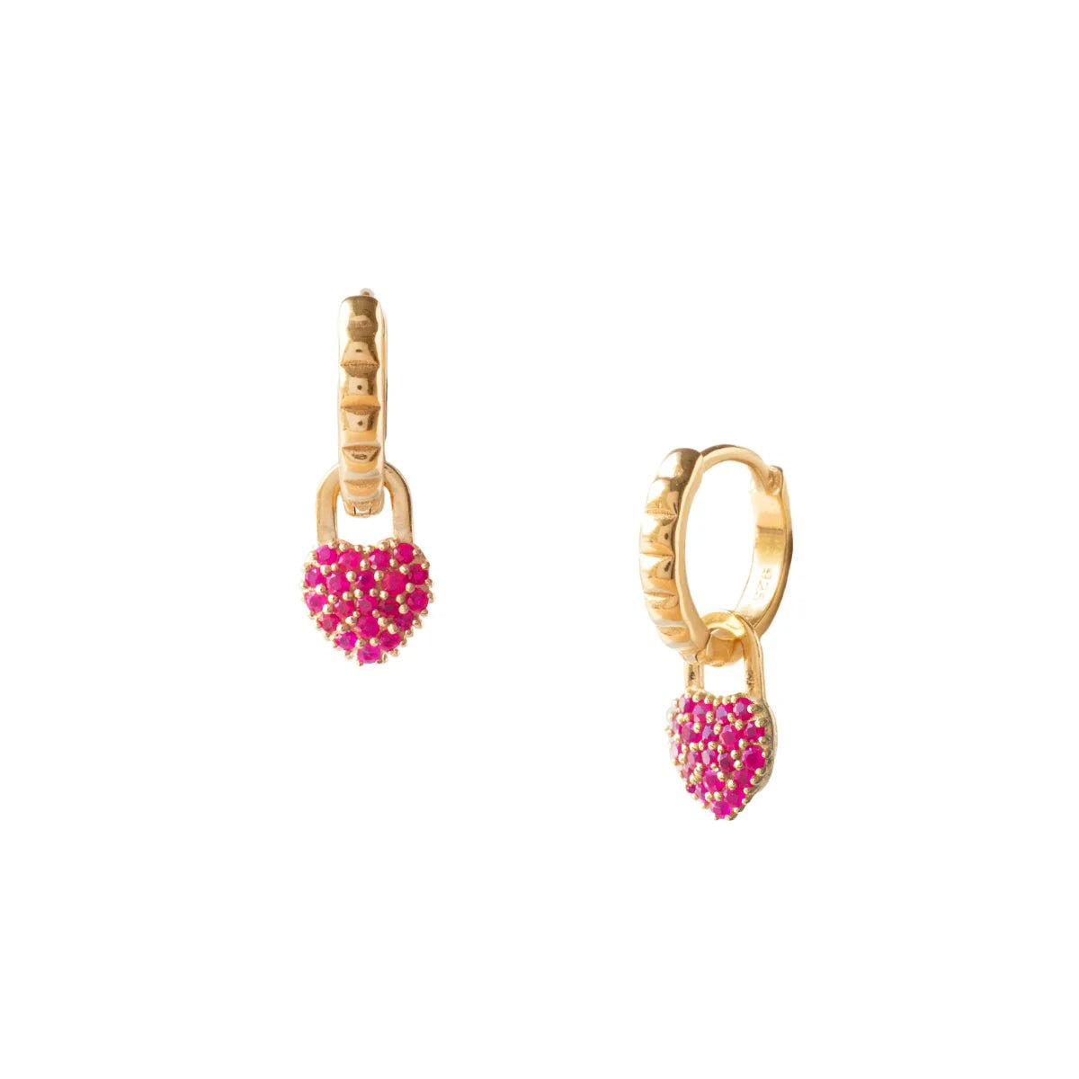 MINI LOVE HEART LOCK HUGGIE HOOPS - HOT PINK CHALCEDONY - SO PRETTY CARA COTTER