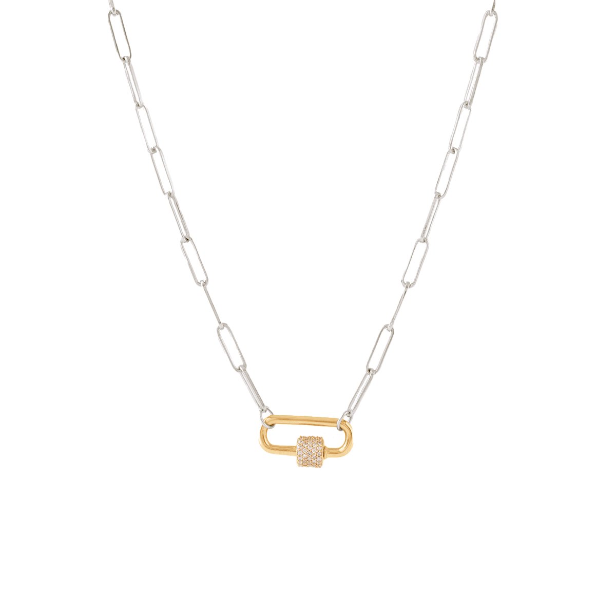 POISE OVAL LINK OPEN ENDED NECKLACE - SILVER WITH CRYSTAL CARABINER CONNECTOR - GOLD - SO PRETTY CARA COTTER