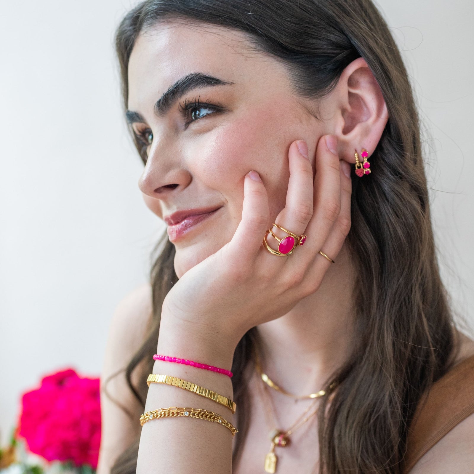 SCATTERED LOVE HUGGIE HOOPS - HOT PINK CHALCEDONY - SO PRETTY CARA COTTER