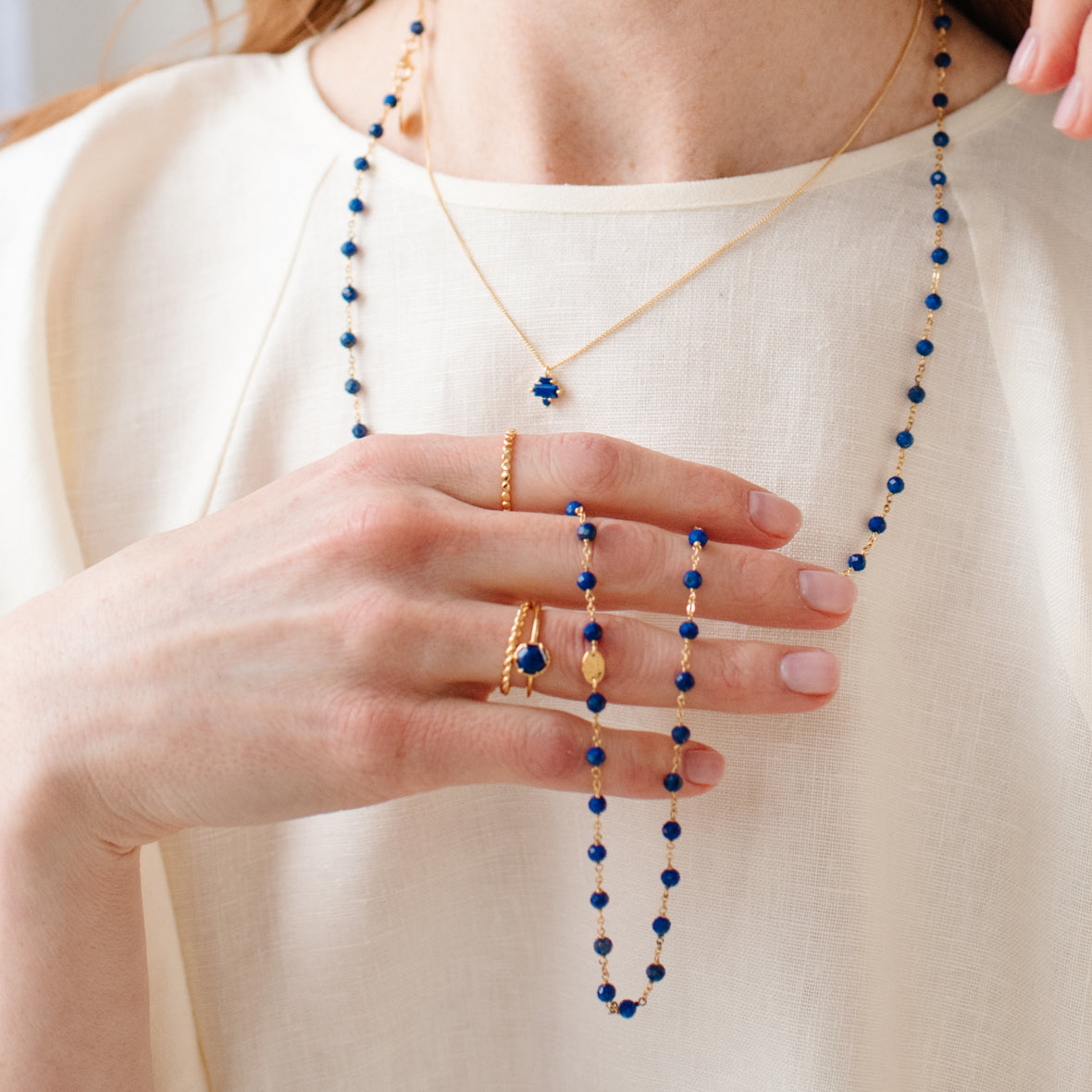 ICONIC LONG BEADED NECKLACE - LAPIS &amp; GOLD 34&quot;