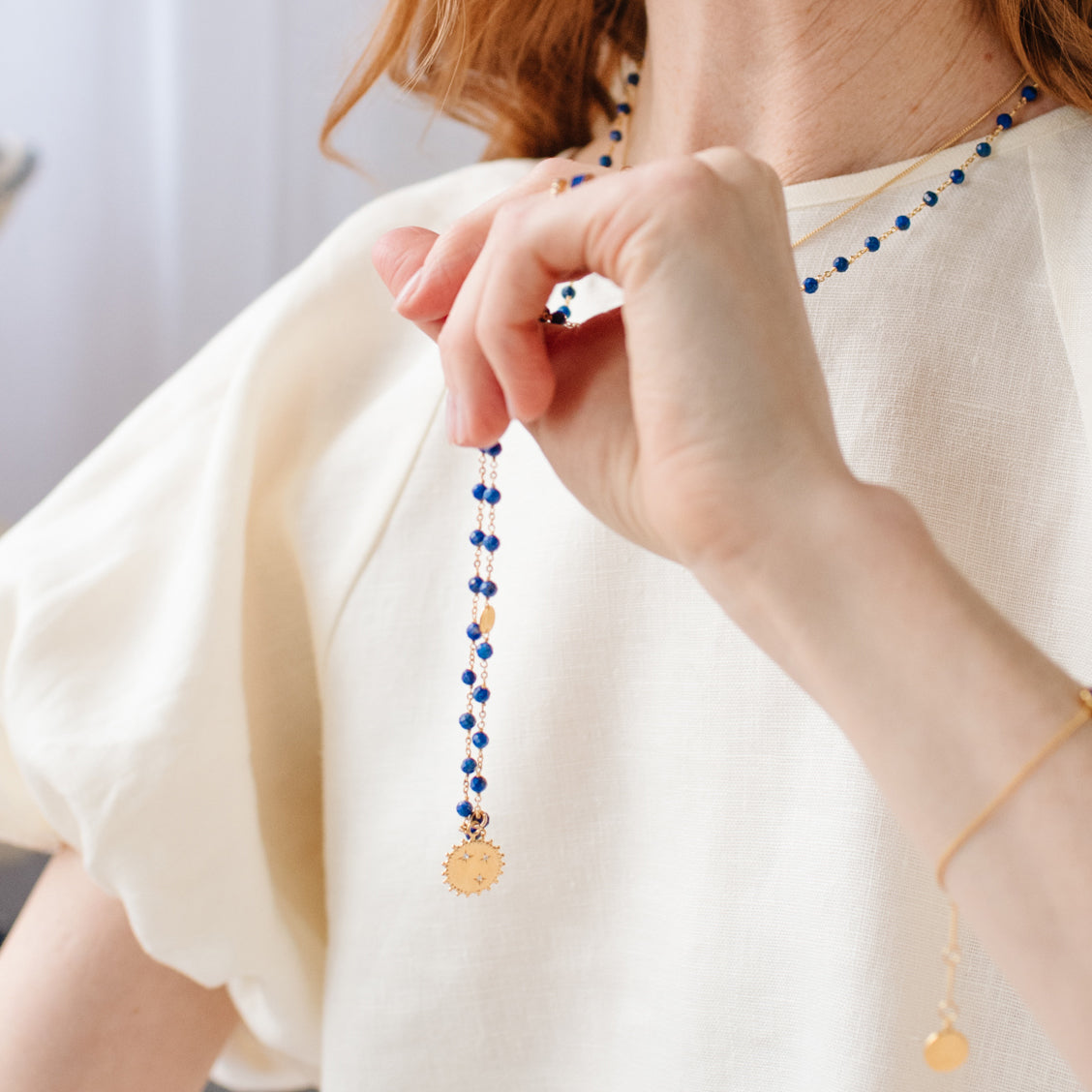 ICONIC LONG BEADED NECKLACE - LAPIS &amp; GOLD 34&quot;