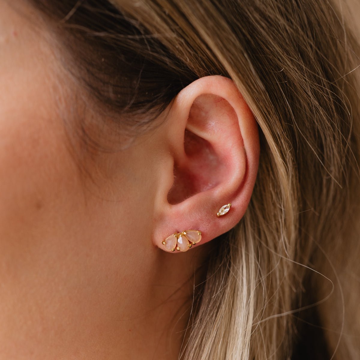 DAINTY HARMONY FAN STUDS - PEACH MOONSTONE & GOLD - SO PRETTY CARA COTTER